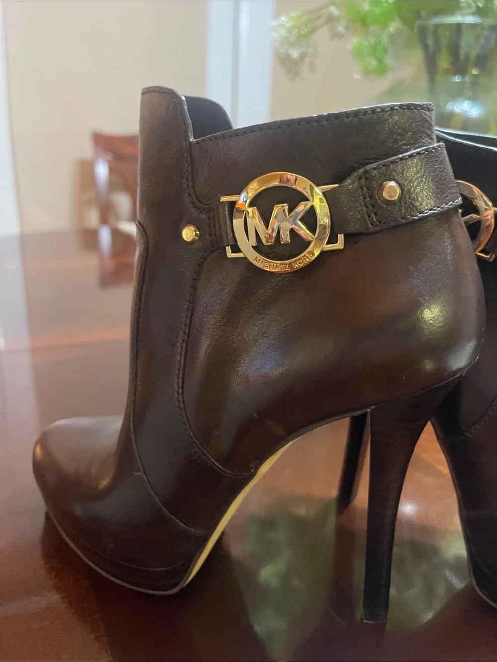 Michael Kors Dark Brown Leather High-Heel Ankle Booties with Gold MK Accent